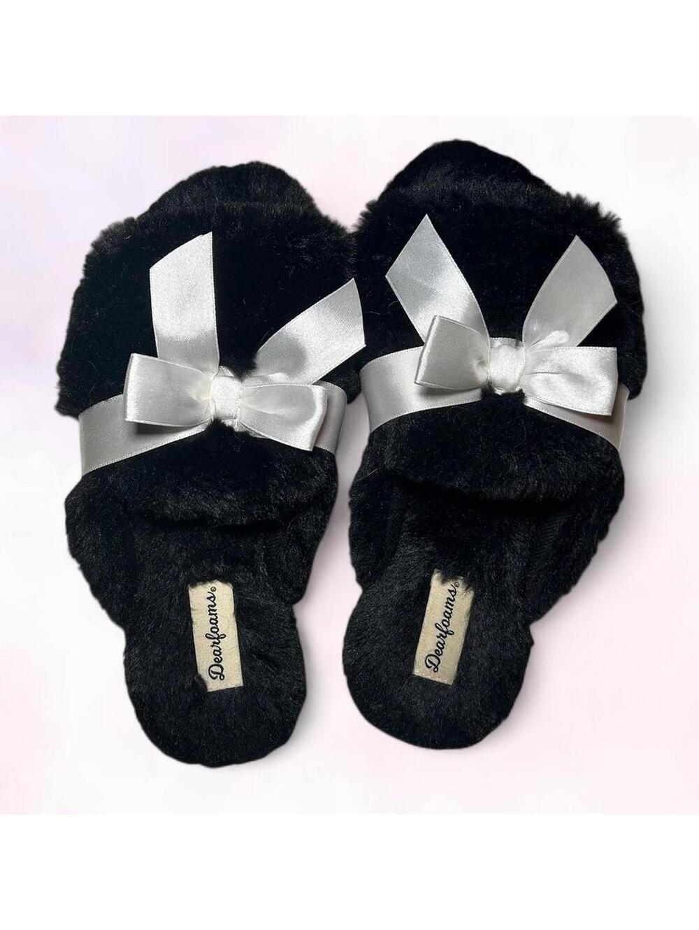 Dearfoams Black Slippers White Bow Cozy Soft Womens Size Medium 7-8
